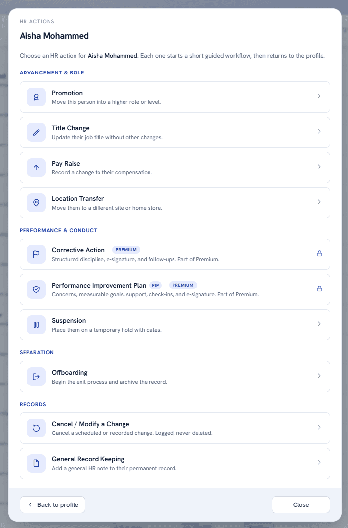 EasyOps HR Actions menu with advancement, performance, separation, and record-keeping workflows.