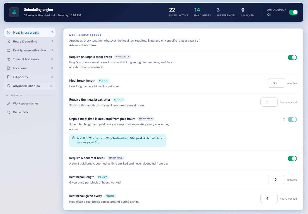 EasyOps scheduling engine showing meal and rest break policies and active scheduling rules.