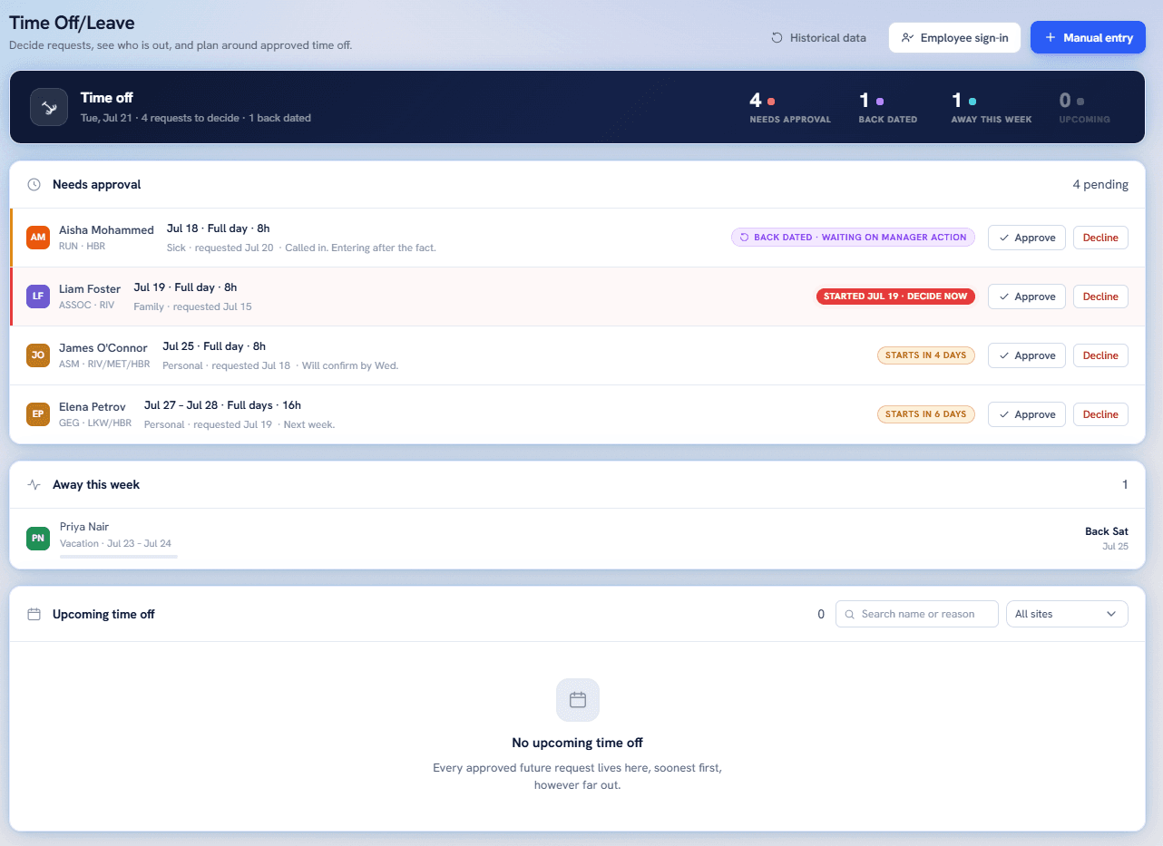 EasyOps time off workspace showing pending requests and upcoming leave.